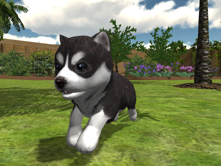 A screen capture of a virtual Husky puppy running through a yard, © Barron Associates