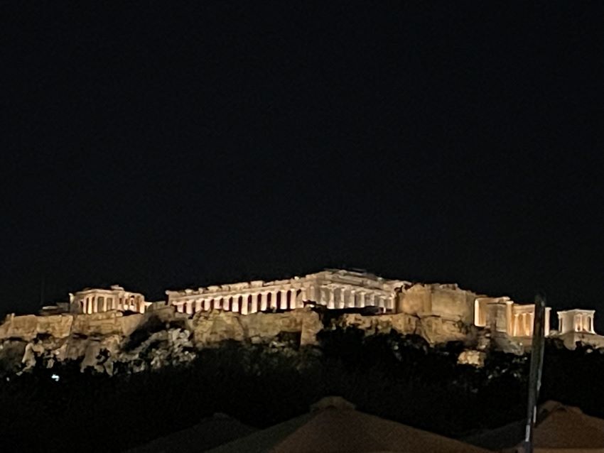 A poor photo of the Acropolis at night