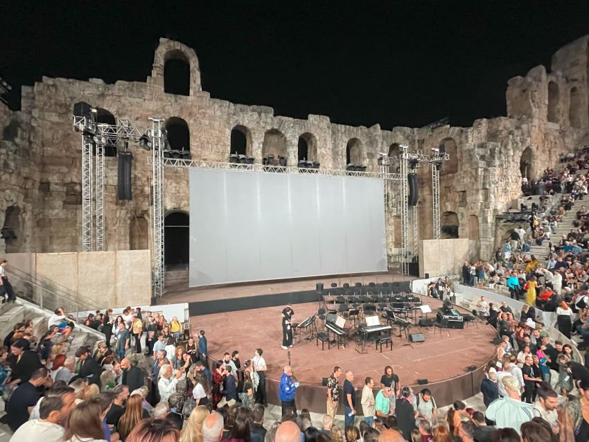 The stage being set up before a show at the Odeon