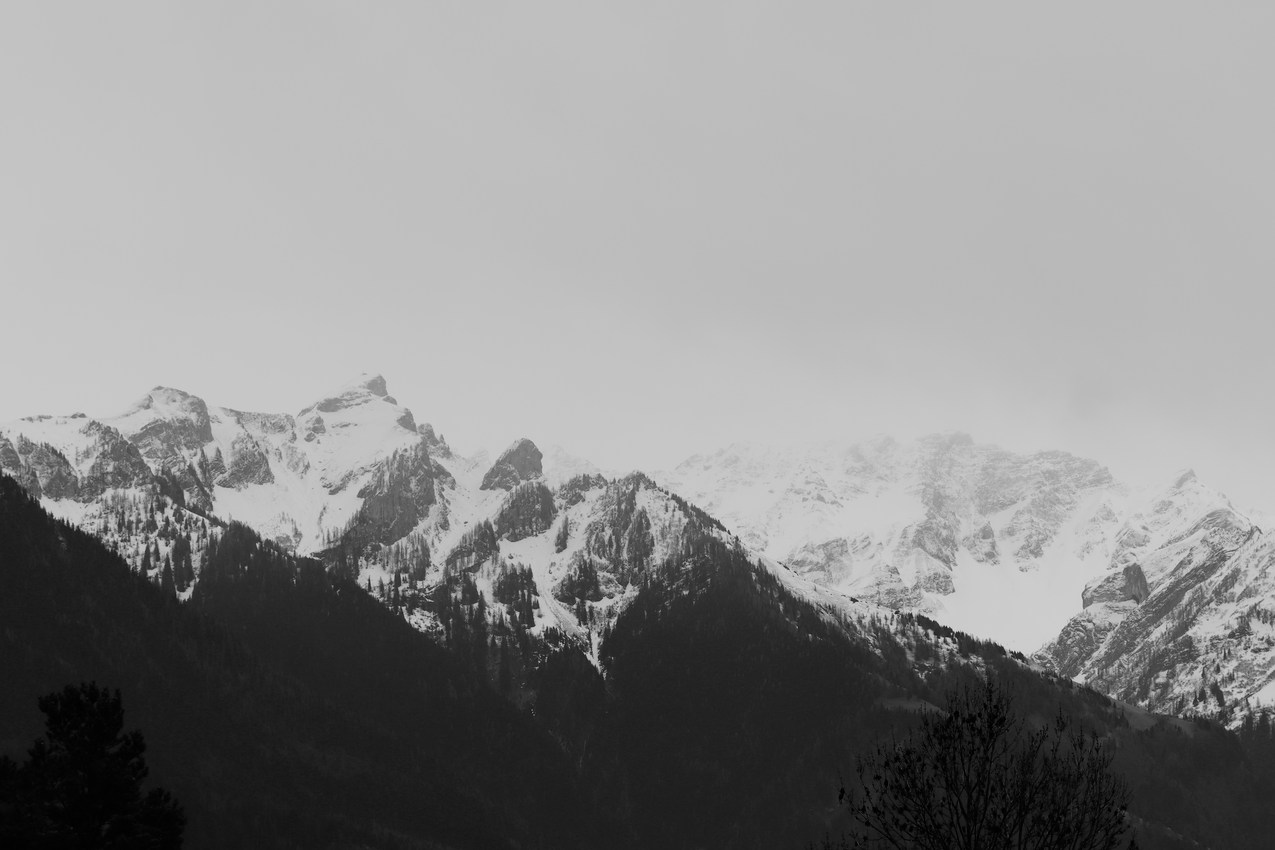 Snow-covered alpine peaks fade into a cloudy gray sky