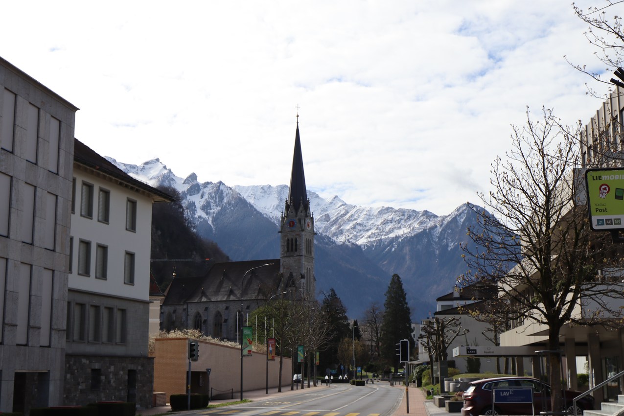 The Kathedrale St. Florin sits along a street with snow-covered peaks in the background