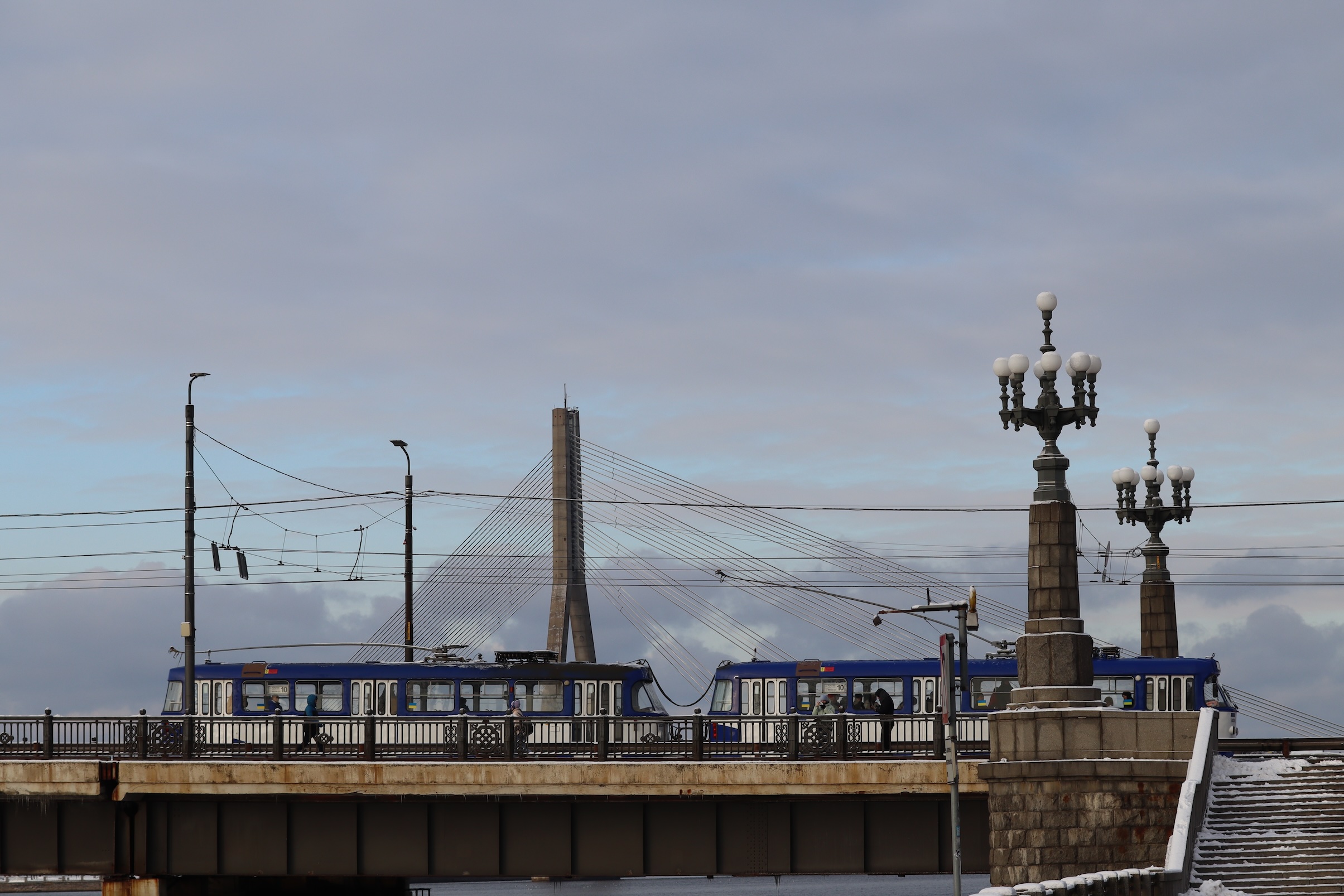A tram crosses a bridge in Riga