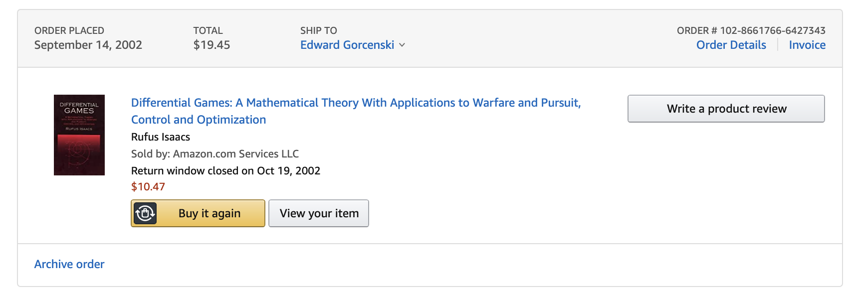 My Amazon.com order of Rufus Isaacs' book in September 2002