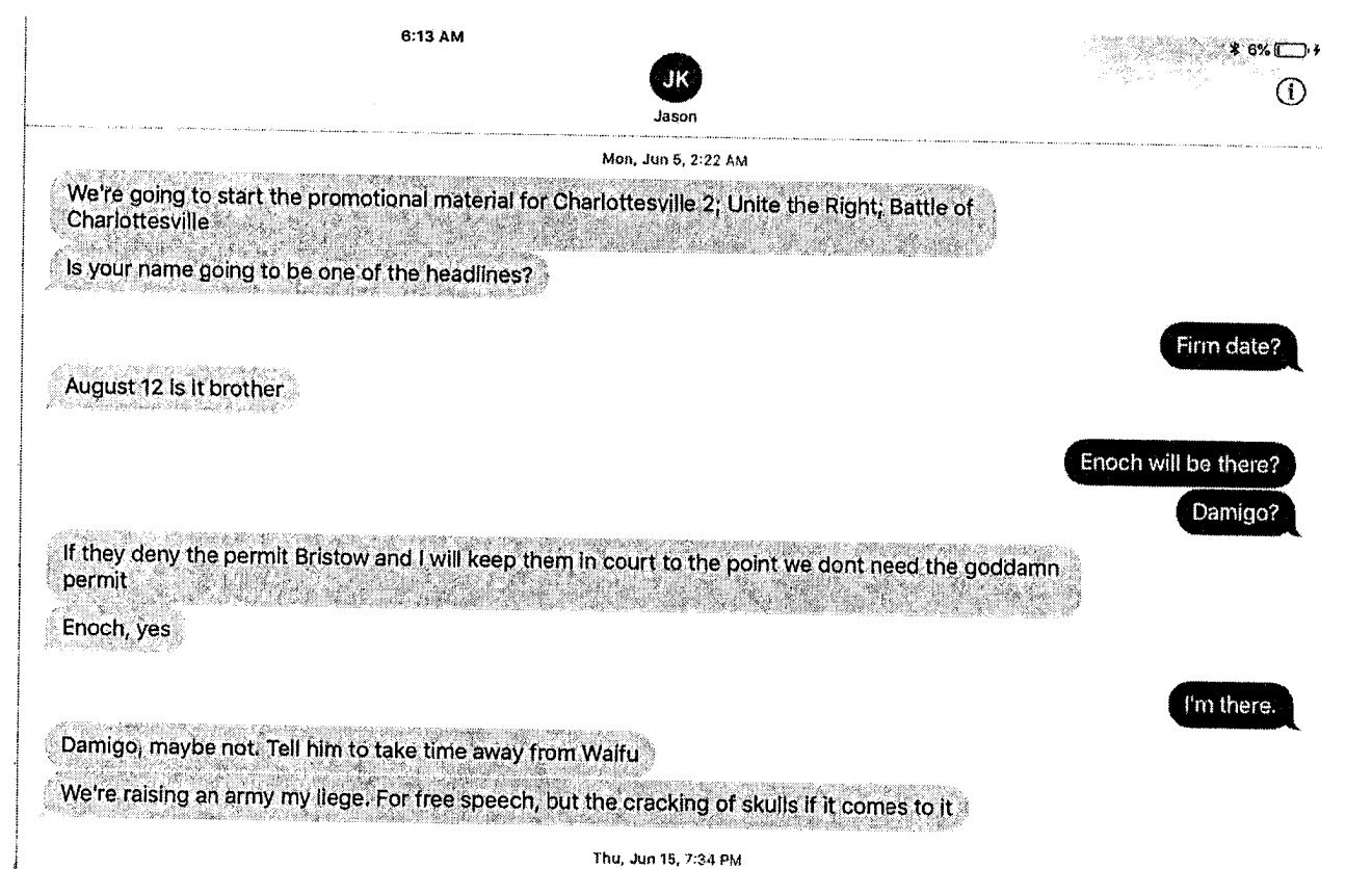 Texts between Jason Kessler and Richard Spencer leading up to Unite the Right.